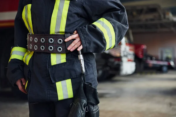 Close View Female Firefighter Protective Uniform Standing Truck — Zdjęcie stockowe