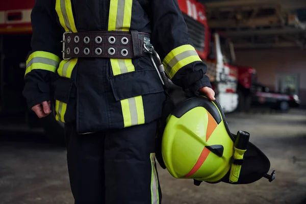 Close View Female Firefighter Protective Uniform Standing Truck — Zdjęcie stockowe