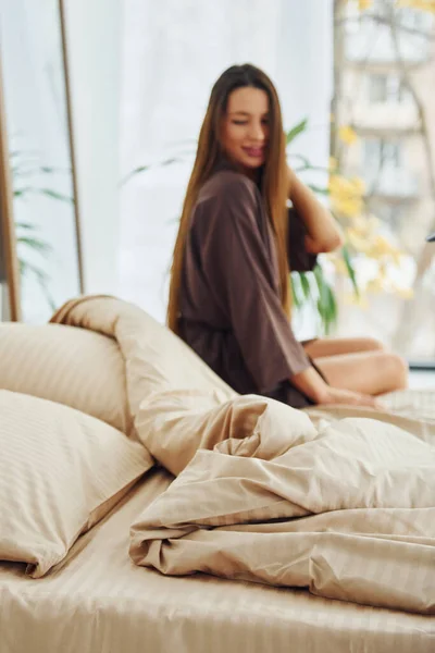 Woman Have Rest Interior Design Beautiful Modern Bedroom Daytime — Stock fotografie