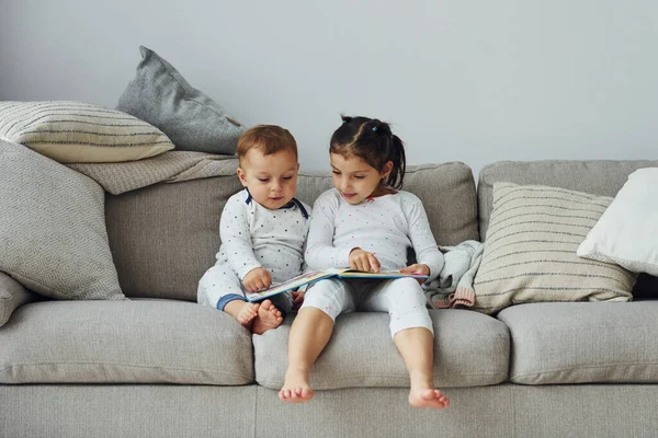 Sister and brother reading book. Interior and design of beautiful modern bedroom at daytime.