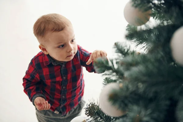 お祝いの服でかわいい男の子は新年のクリスマスツリーの近くに屋内にあります — ストック写真