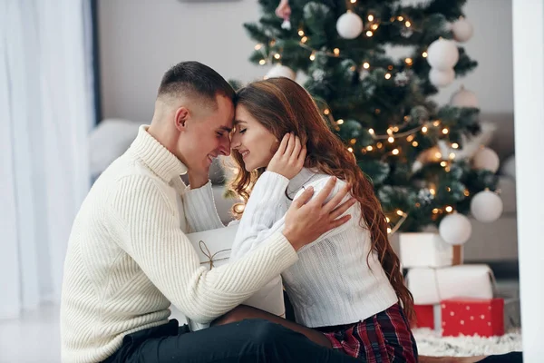 Closeness People Young Romantic Couple Celebrates New Year Together Indoors — Stock Photo, Image