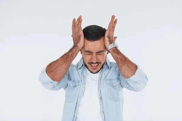 Feels Headache Young Handsome Man Standing Indoors White Background — Fotografia de Stock