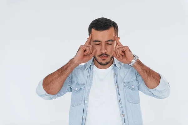 Feels Headache Young Handsome Man Standing Indoors White Background — Fotografia de Stock