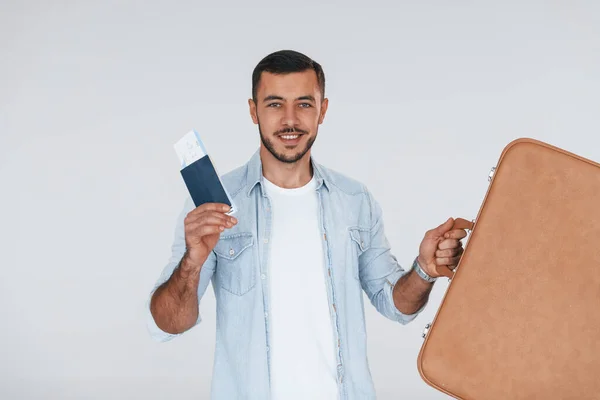 Tourist Ticket Young Handsome Man Standing Indoors White Background —  Fotos de Stock