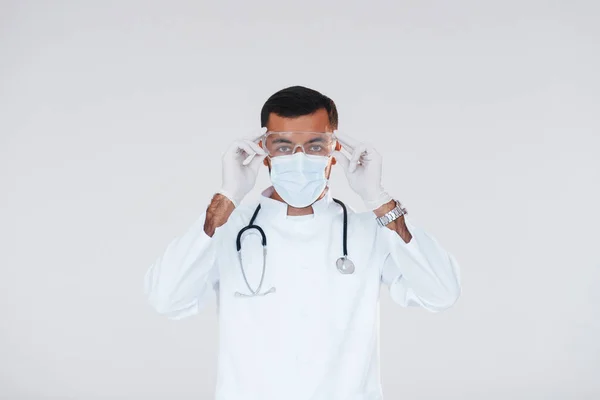Medic Uniform Young Handsome Man Standing Indoors White Background — Stock fotografie