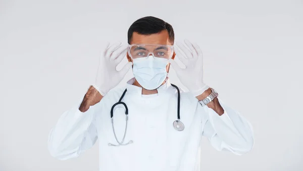 Medic Uniform Young Handsome Man Standing Indoors White Background — Stock fotografie