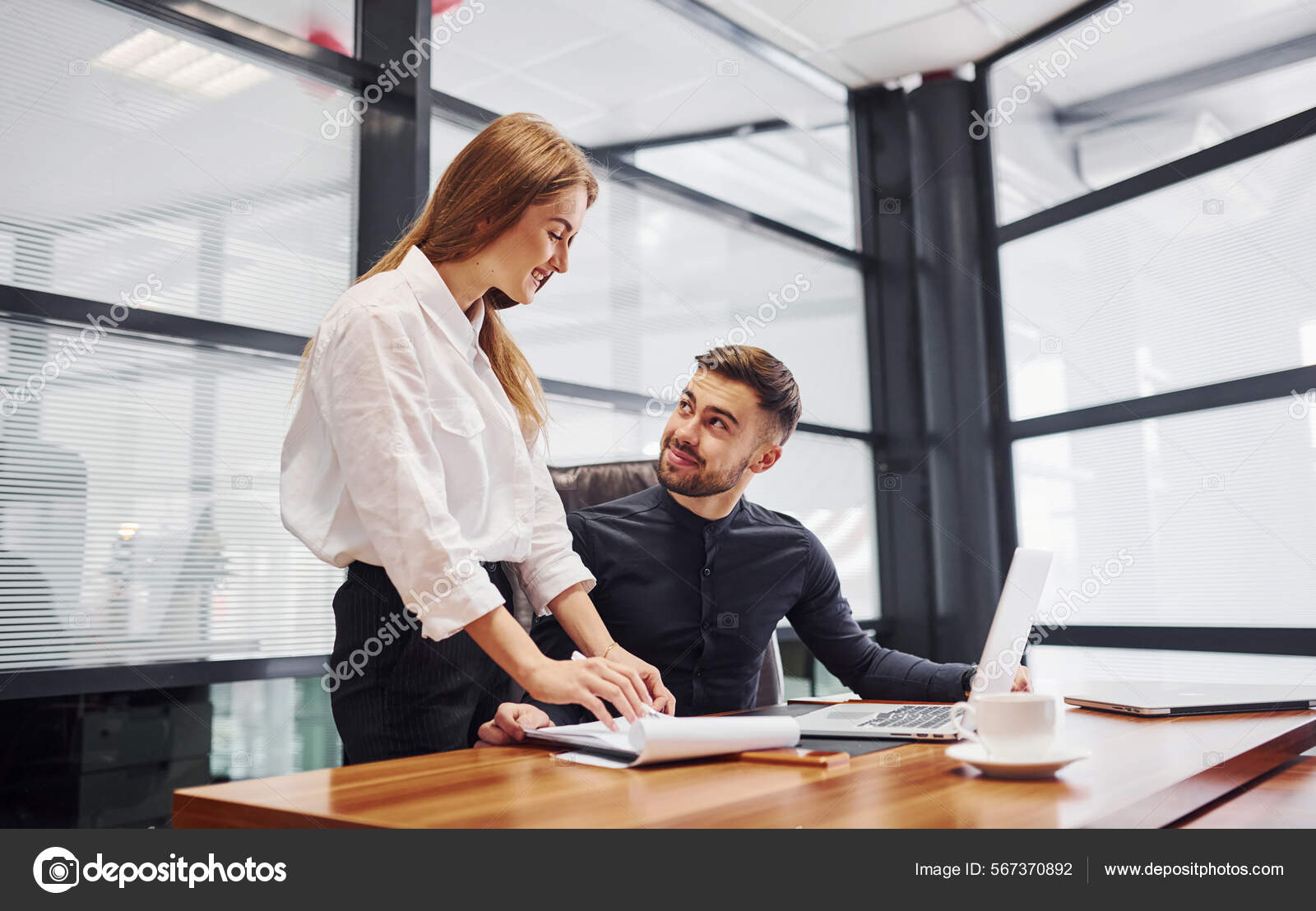 Woman Man Formal Clothes Working Together Indoors Office Table — Stock ...