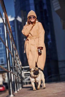 Sıcak giysili bir kadın iş yerinin yakınında köpeğiyle yürüyüşe çıkıyor. Arka planda bunu inşa ediyor ve telefonla konuşuyor..