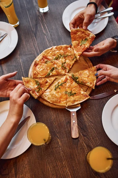 Close View People Taking Eating Pizza Indoors Together — Stockfoto