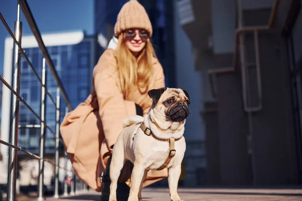 Woman Warm Clothes Sitting Have Fun Her Little Pug Dog — Stockfoto