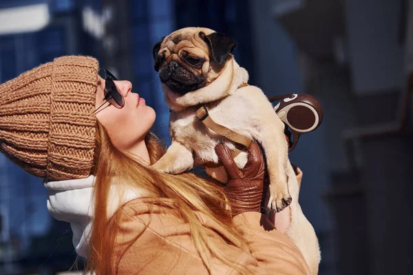 Woman Warm Clothes Have Holding Her Little Pug Dog Hands — Stock Photo, Image