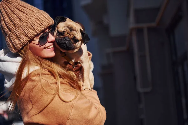 Woman Warm Clothes Have Holding Her Little Pug Dog Hands — Stockfoto