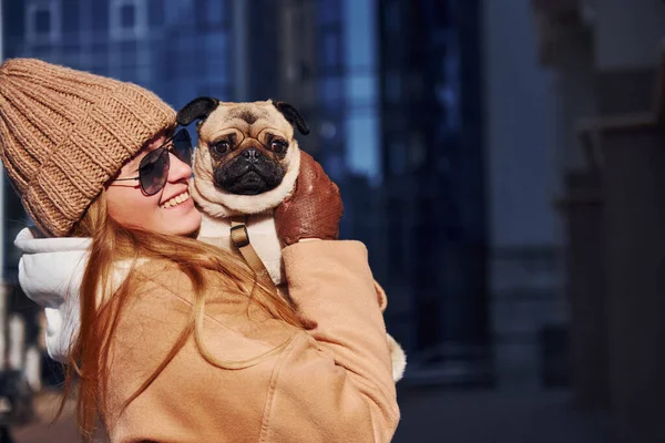 Woman Warm Clothes Have Holding Her Little Pug Dog Hands — Stock Photo, Image