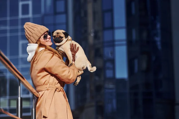 Woman Warm Clothes Have Holding Her Little Pug Dog Hands — Foto Stock