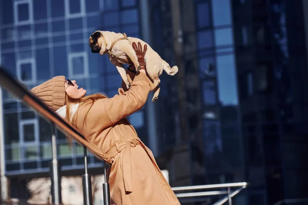 Woman Warm Clothes Have Holding Her Little Pug Dog Hands — Foto Stock