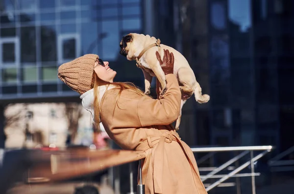 Woman Warm Clothes Have Holding Her Little Pug Dog Hands — Stockfoto