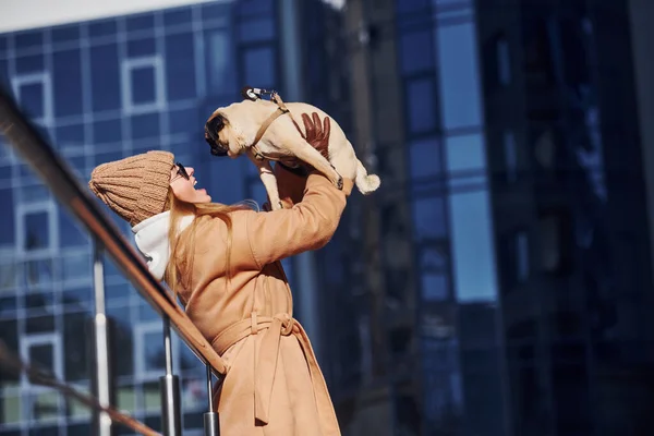 Woman Warm Clothes Have Holding Her Little Pug Dog Hands — Stock Photo, Image