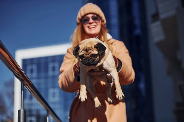 Woman Warm Clothes Have Holding Her Little Pug Dog Hands — Stock Photo, Image
