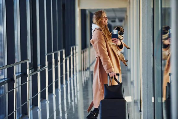 Young Female Passenger Warm Clothes Walking Her Dog Airport Hall — Stock Photo, Image