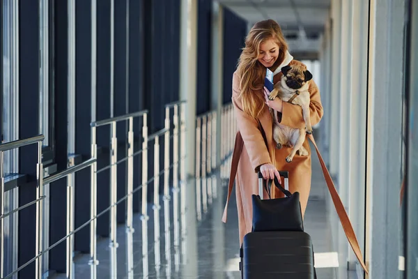 Young Female Passenger Warm Clothes Walking Her Dog Airport Hall — Foto Stock