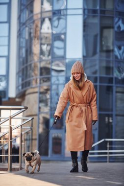 Sıcak giysili bir kadın iş yerinin yakınındaki köpeğiyle yürüyüşe çıkıyor..