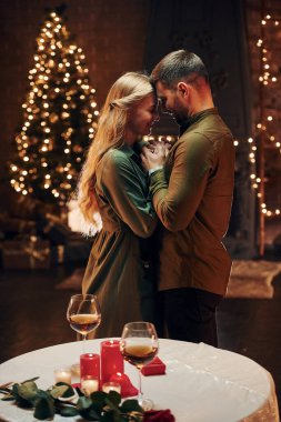 Noel süslemeli odada dikiliyorum. Genç ve güzel çift evde romantik bir akşam yemeği yiyor..