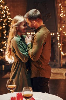 Noel süslemeli odada dikiliyorum. Genç ve güzel çift evde romantik bir akşam yemeği yiyor..