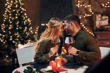 Şarap içiyormuş. Genç ve güzel çift evde romantik bir akşam yemeği yiyor..