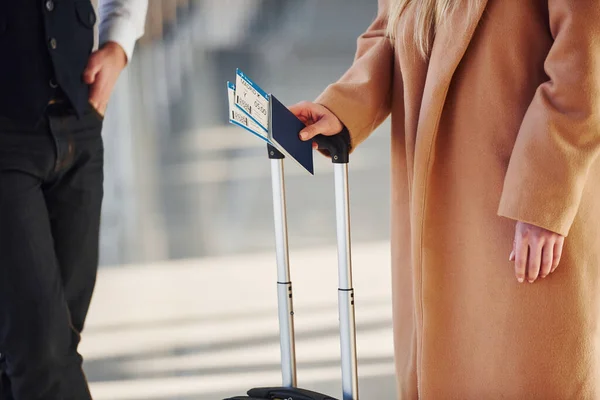 Close View Woman Gives Tickets Security Man Airport — Stockfoto