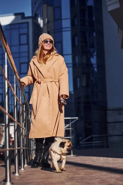 Woman Warm Clothes Have Walk Her Little Pug Dog Business — Foto de Stock