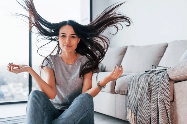 Young Beautiful Woman Casual Clothes Sitting Home Alone — Stockfoto