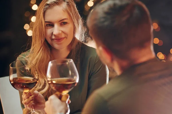 Tasting Wine Young Lovely Couple Have Romantic Dinner Indoors Together — Stock Photo, Image