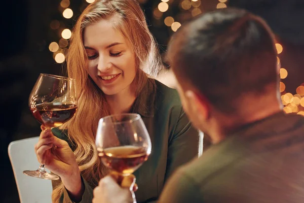 Tasting Wine Young Lovely Couple Have Romantic Dinner Indoors Together —  Fotos de Stock