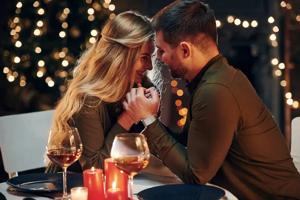 Side View Young Lovely Couple Have Romantic Dinner Indoors Together — Foto Stock