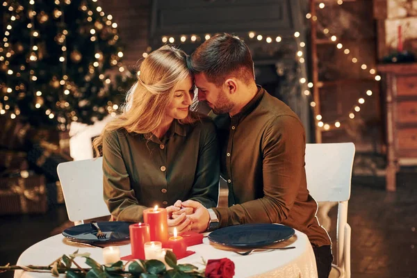 Conception Relationships Young Lovely Couple Have Romantic Dinner Indoors Together — Foto Stock