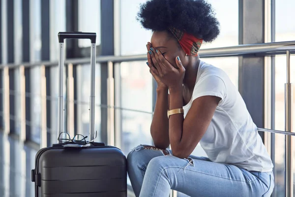 Sad Depressed Young African American Female Passanger Casual Clothes Airport — Stock Photo, Image