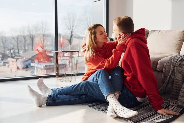 Young Lovely Couple Together Home Window Spending Weekend Holidays Together — Stock Fotó