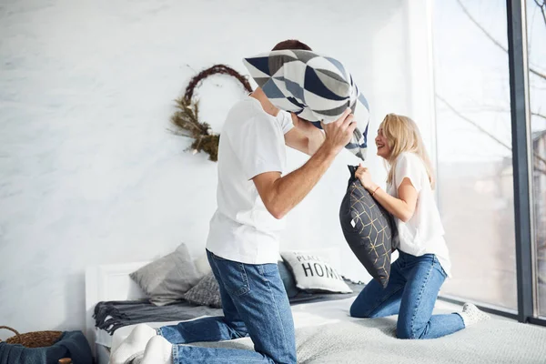 Young Lovely Couple Together Home Playing Pillow Fight Bedroom — Stock Fotó