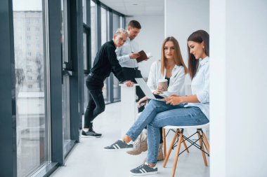 Bir grup başarılı genç takım ofiste birlikte çalışıyor. Belgeler ve dizüstü bilgisayarlarla birlikte..