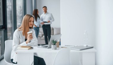 Dizüstü bilgisayarı olan bir kadın ofiste birlikte çalışan ve iletişim kuran başarılı genç bir takım grubunun önünde oturuyor..