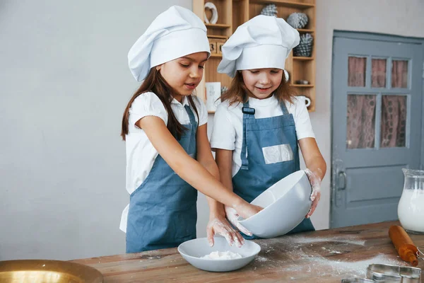 Two Little Girls Blue Chef Uniform Working Flour Kitchen — Stockfoto