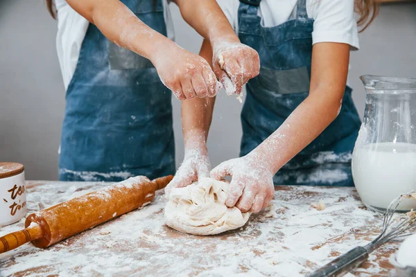 Close View Two Little Girls Blue Chef Uniform Preparing Food —  Fotos de Stock