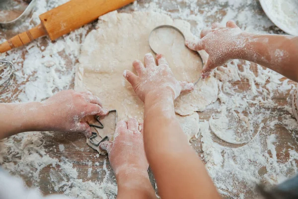 Top View Two Little Girl Hands Preparing Knead Tool Table — Stockfoto