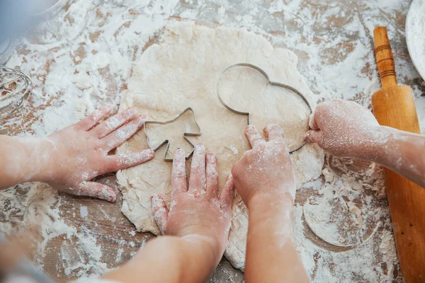 Top View Two Little Girl Hands Preparing Knead Tool Table — Stockfoto