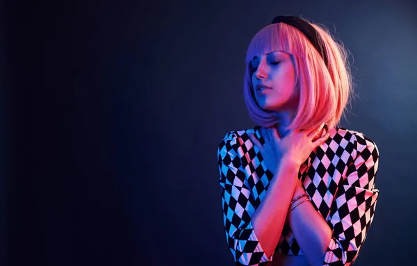 Portrait Young Girl Blond Hair Red Blue Neon Studio — Stock Photo, Image