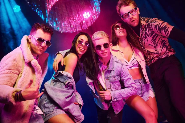 Posing Camera Young People Having Fun Night Club Colorful Laser — Stock Photo, Image
