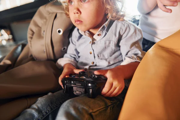Kids Casual Clothes Sitting Together Controller Playing Video Games — Photo