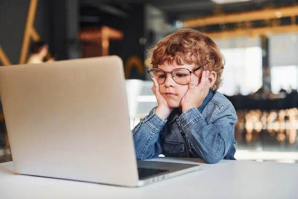 Smart Child Casual Clothes Glasses Using Laptop Education Purposes — Stock Photo, Image