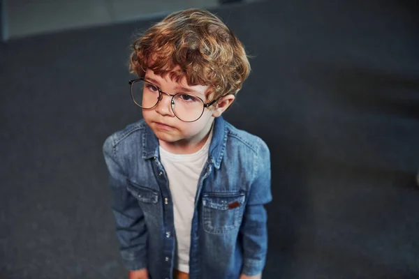 Portrait Cute Kid Glasses Standing Indoors — Stockfoto